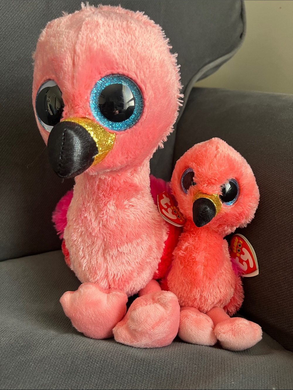 Ty Gilda Pink Flamingo Beanie Boos Plush Pair with Sparkly Blue Eyes